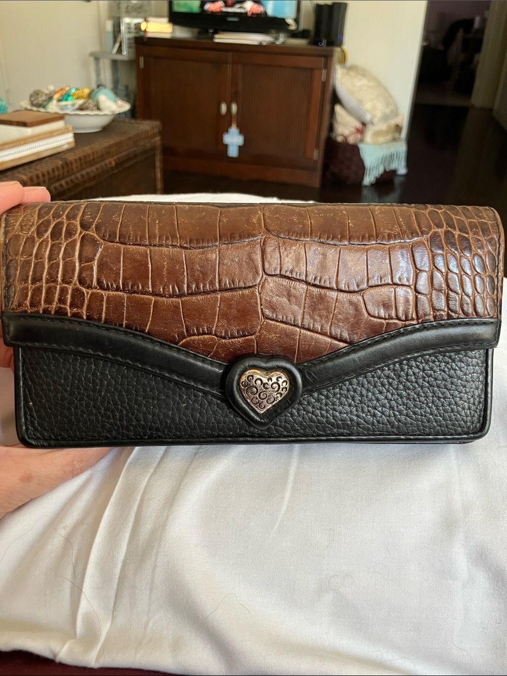 Brighton Brown Croc-Embossed and Black Leather Heart Clasp Wallet